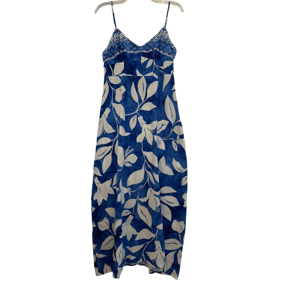 Zara Blue White Tropical Leaf Print Linen Blend Smocked Maxi Sundress Medium